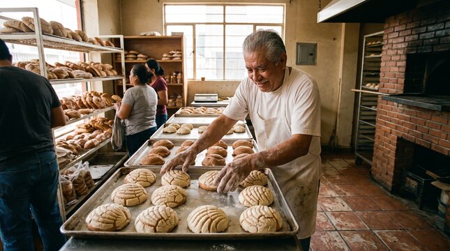 Senior baker arranging fresh sweet bread on trays in traditional bakery. Customers browse shelves of baked goods behind him. Family business and artisan bread production concept.