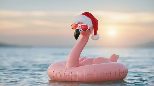 Inflatable flamingo float with a Santa hat and sunglasses relaxing on calm water, celebrating a warm Christmas holiday