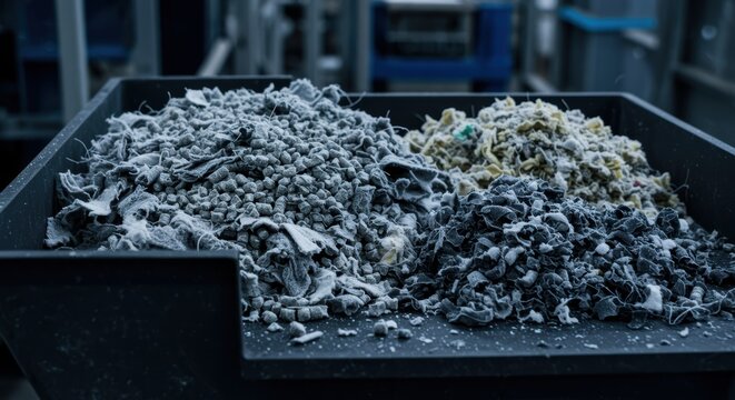 textile scrap pile sorting process in industrial recycling facility with advanced machine