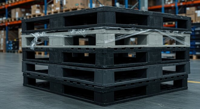 plastic pallet stack wrapped with transparent stretch foil in warehouse scene