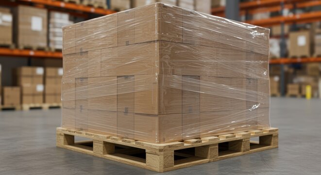 cardboard pallet wrapped with plastic shrink film inside warehouse logistics storage