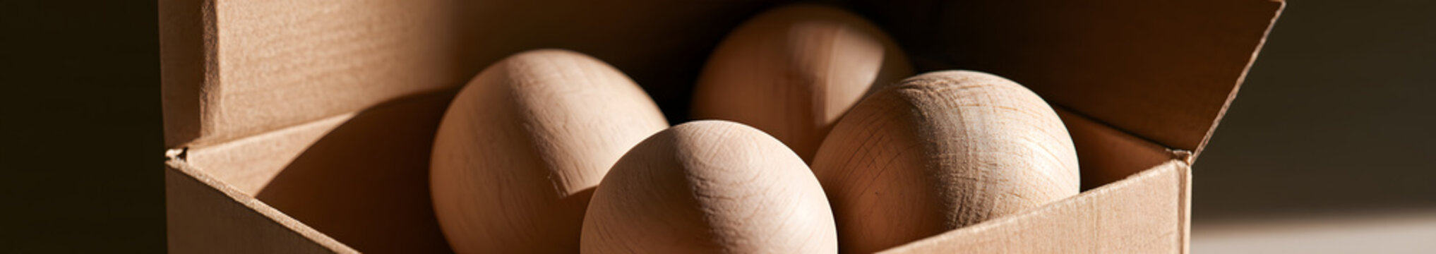 Three wooden Easter eggs are in an open cardboard box. They are sustainable and eco-friendly holiday decorations. The natural minimalist concept includes space for a banner
