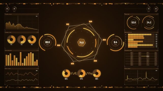Animated amber futuristic dashboard with radar polygon, donut charts, spectrum bars, telemetry grid and pulse trace, sci fi control panel screen display