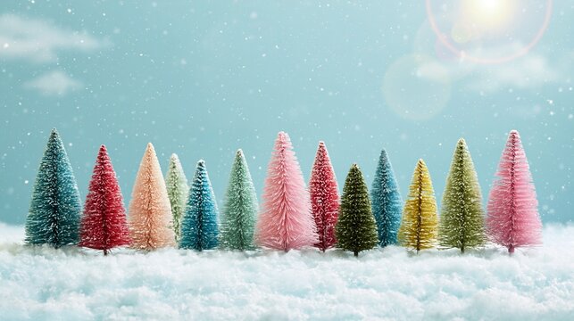 Miniature bottle brush trees creating a colorful winter forest scene in soft snow with gentle falling flakes and pastel sky