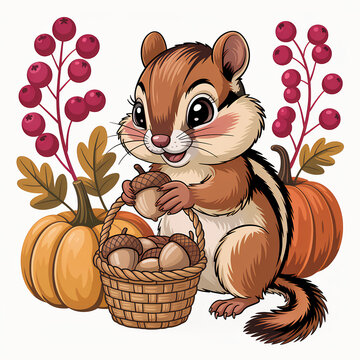 Cute chipmunk holding a basket full of acorns near pumpkins and berries during autumn
