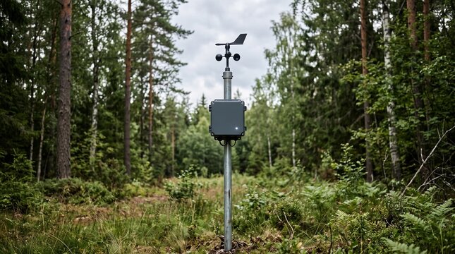 Portable weather station monitoring climate in forest clearing