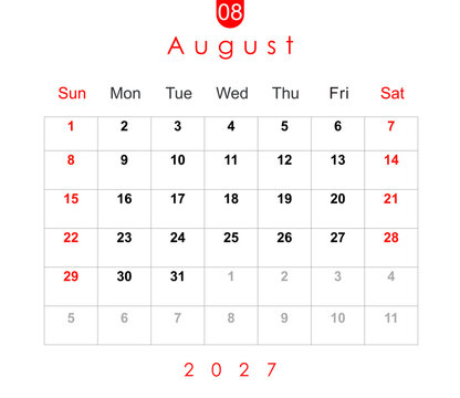 August 2027 calendar. Monthly calendar layout for August 2027. Calendar and diary planner August 2027 isolated on white background.