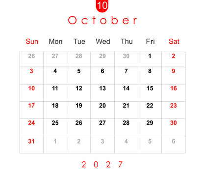 October 2027 calendar. Monthly calendar layout for October 2027. Calendar and diary planner October 2027 isolated on white background.