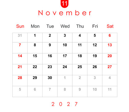 November 2027 calendar. Monthly calendar layout for November 2027. Calendar and diary planner November 2027 isolated on white background.