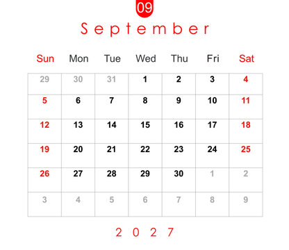 September 2027 calendar. Monthly calendar layout for September 2027. Calendar and diary planner September 2027 isolated on white background.
