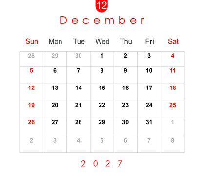 December 2027 calendar. Monthly calendar layout for December 2027. Calendar and diary planner December 2027 isolated on white background.