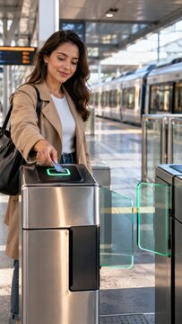 Woman checks in with transit card at station gate, holding her bag while reader glows green. Contactless entry and sleek rail platform details create polished urban travel moment for commuter access.