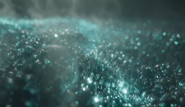 Small translucent luminous spheres descend slowly through an invisible three-dimensional information field, changing brightness as they pass through different computational zones, particles 