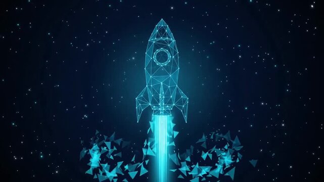 Futuristic wireframe rocket launching with cyan particle exhaust