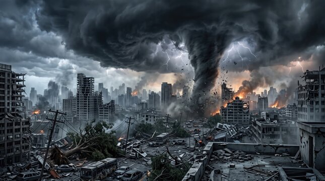 A massive tornado destroying a city with ruined buildings and debris under a dark stormy sky
