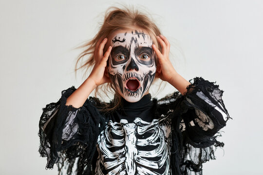 Skeleton Costume on White Background Surprised Young Girl with Skull Face Paint for Spooky Halloween Celebration