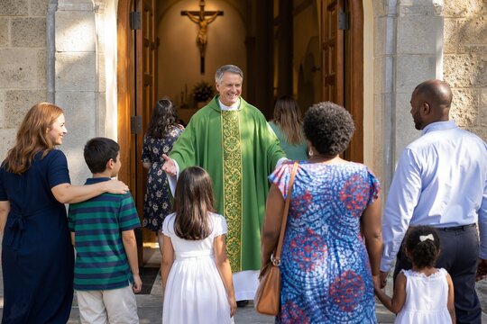 Welcoming children at church entrance with Catholic priest greeting families on joyful morning.