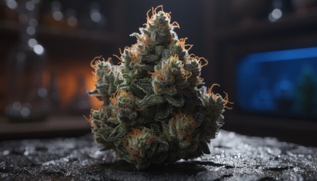 Macro view of a dried medicinal cannabis flower bud showing dense trichome resin glands and orange pistils on a dark stone surface in a pharmaceutical laboratory setting.