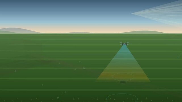 Drone ground penetrating radar survey animation discovering ancient pre-classic stepped pyramid buried under green field, showing subsurface synthetic aperture GPR scanning