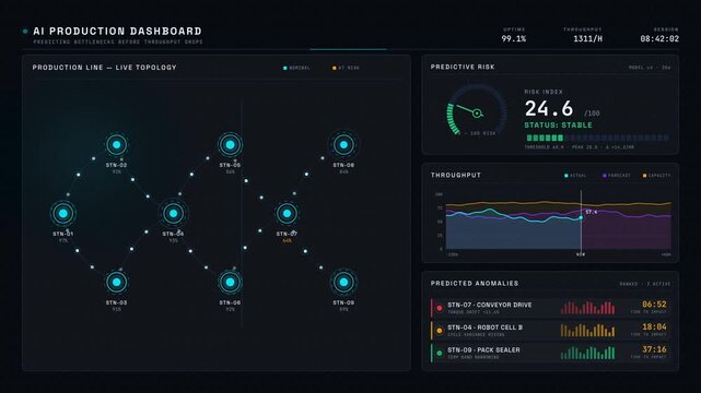 An animated AI production dashboard predicting bottlenecks before throughput drops, showcasing a dark-mode interface with live production metrics and risk indicators.