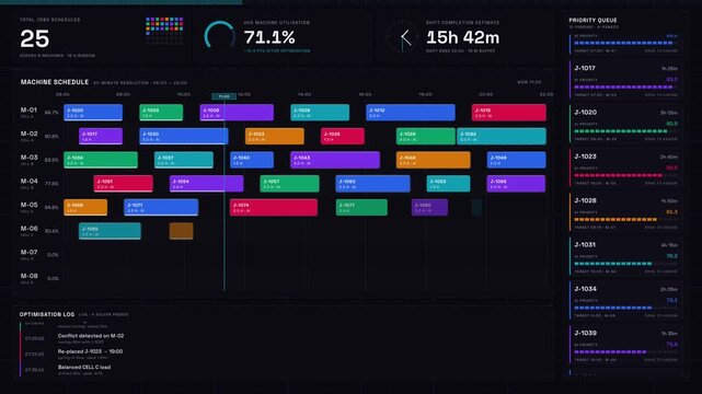 A sleek AI scheduling dashboard showcases a Gantt-style machine schedule, optimizing jobs across eight machines with colorful visualizations and animated metrics.
