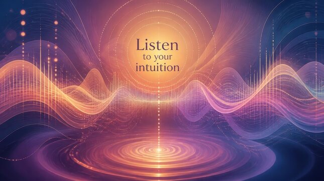 Abstract digital art of flowing sinusoidal sound waves and frequency bars with the text Listen to your intuition inside a glowing circular sun above water ripples in purple.