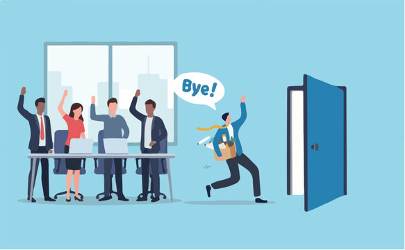 Quit job leaving company for new career, saying good bye old workplace office, exit, escape fired, work departure, offboarding separation, businessman saying to bye while quitting job exit door
