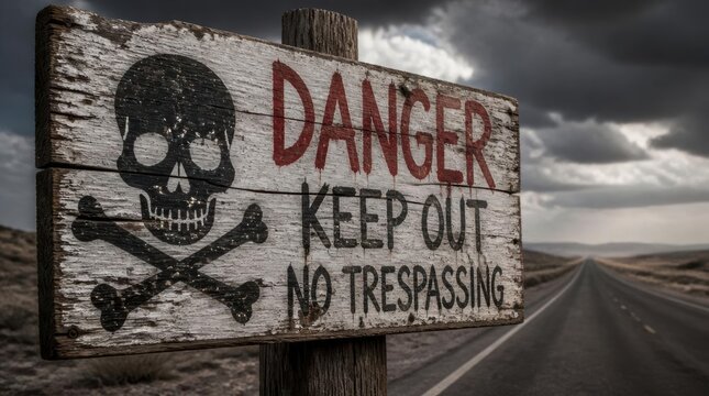 Weathered hand-painted wooden sign featuring a skull and crossbones with text Danger Keep Out No Trespassing, positioned beside a desert highway under a dark dramatic stormy sky.
