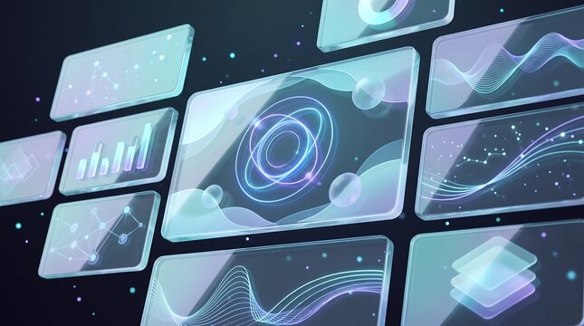 Floating glass panels representing digital data visualization with holographic charts and abstract network nodes in dark virtual space for futuristic technology and business analytics