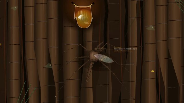 Educational animation detailing the process of amber resin entombment, showing a Cretaceous mosquito trapped by terpenoid resin exudation and fossilized through macromolecular polymerization