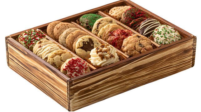 Wooden cookie gift box with assorted gourmet biscuits isolated on transparent background