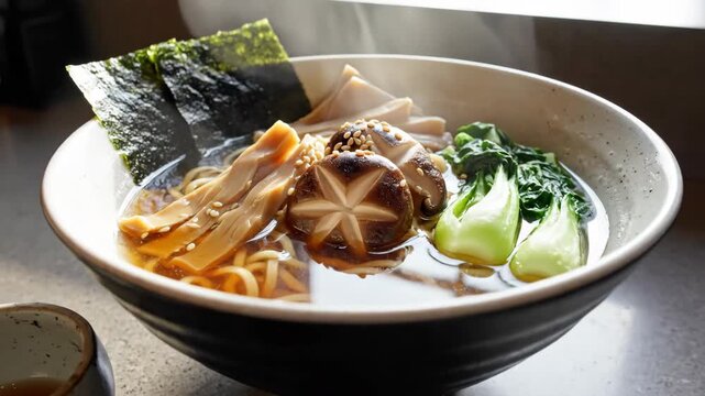 Close-up of refined plant-based ramen with scored shiitake, bok choy, bamboo shoots, sesame and nori, clear amber broth revealing noodles in a speckled ceramic bowl with soft warm side lighting.