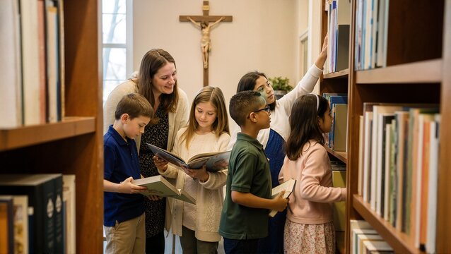 Children choosing books in parish library with guidance from teacher. Children explore various bookshelves while seeking reading materials,