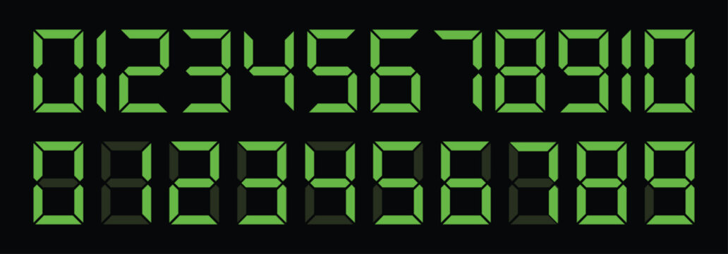 Green Digital Clock LED 7 Segment Numbers Vector Set for Scoreboard Counter and Electronic Display UI Design
