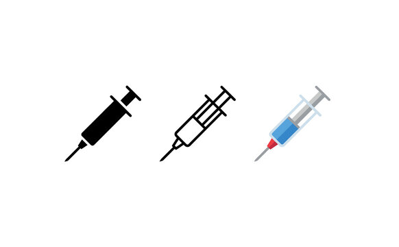 Medical syringe icon set in three styles, solid black silhouette and outline syringe symbols, colorful injection needle graphic for healthcare design