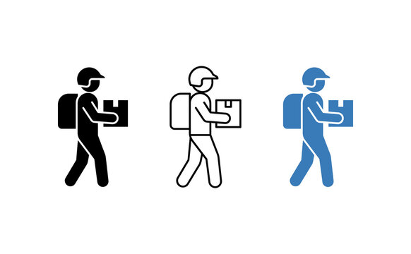 Delivery courier icon set, walking delivery man carrying backpack and parcel box, shipping and logistics service symbols