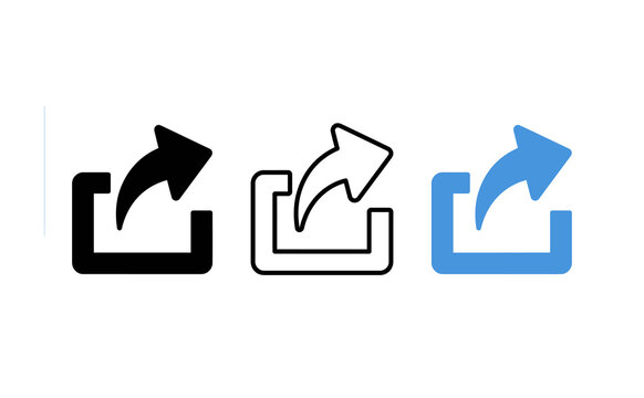 Share icon set in different styles, export arrow symbols for web design, black and blue user interface elements on white background
