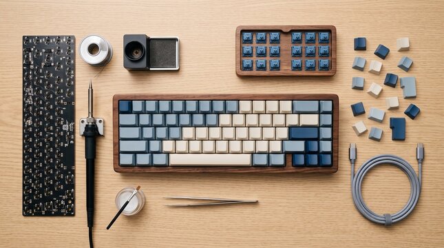 Custom Mechanical Keyboard Flat Lay on Desk with Solder, PCB, and Unbranded Keycaps