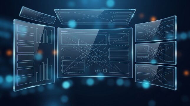 Futuristic glass UI wireframe interface with floating panels displaying technical charts and structural diagrams for engineering design and software development monitoring systems