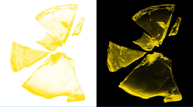 Yellow broken glass shards on white and black background, shattered glass fragments set, glowing amber crystal pieces for creative design overlays