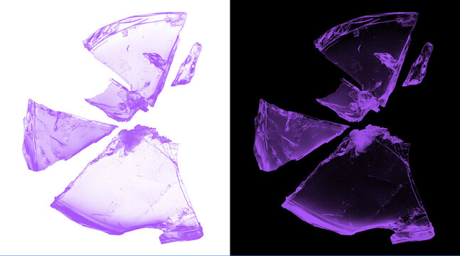 Purple broken glass shards on white and black backgrounds, shattered violet crystal fragments, sharp translucent glass splinters for creative design