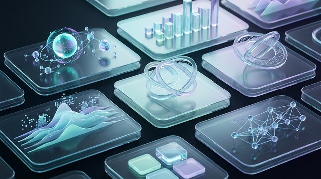 Collection of interactive glass display panels with floating 3D data visualizations and holographic shapes for scientific analysis and advanced technological research environments