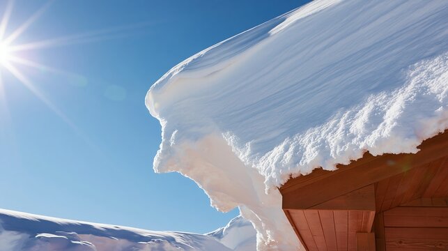 Deep snow accumulating on a house roof with a large cornice under a clear blue sky, sun shining brightly