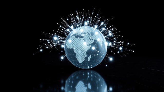 Glowing globe depicts interconnected world. Digital network radiates from Earth, reflected below. Futuristic concept, communication focus.