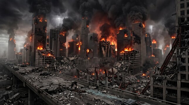Apocalyptic city landscape destroyed by war with burning buildings smoke and fire filling the dark night sky