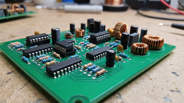 Electronic circuit board with integrated circuits and components on a workbench. 