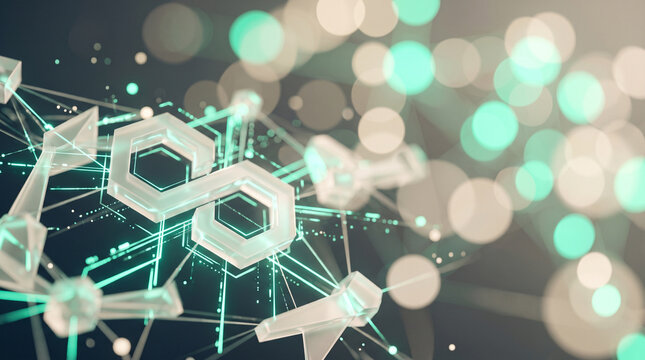 Polygon cryptocurrency logo glowing on a digital blockchain network background