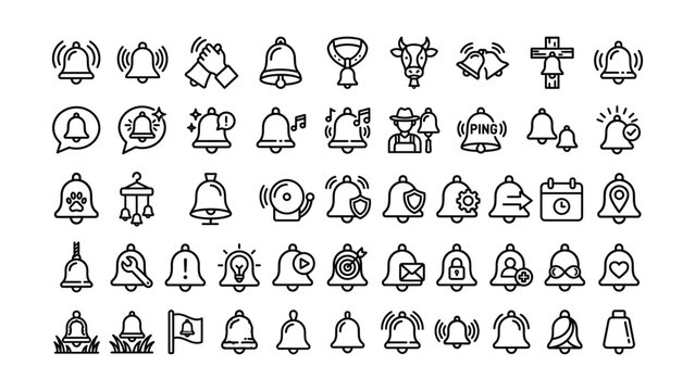 A collection of black and white vector line art icons representing various styles and concepts of alarm bells