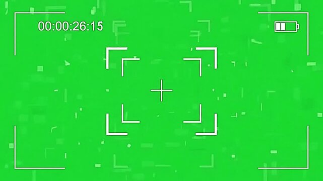 Digital camera viewfinder interface with floating particles and green screen background for professional cinematic film editing motion graphic overlay projects