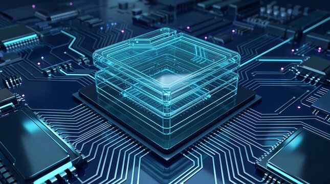 Layered glass microchip processor with a central glowing core on a complex motherboard circuit board representing high-performance computing and future hardware development